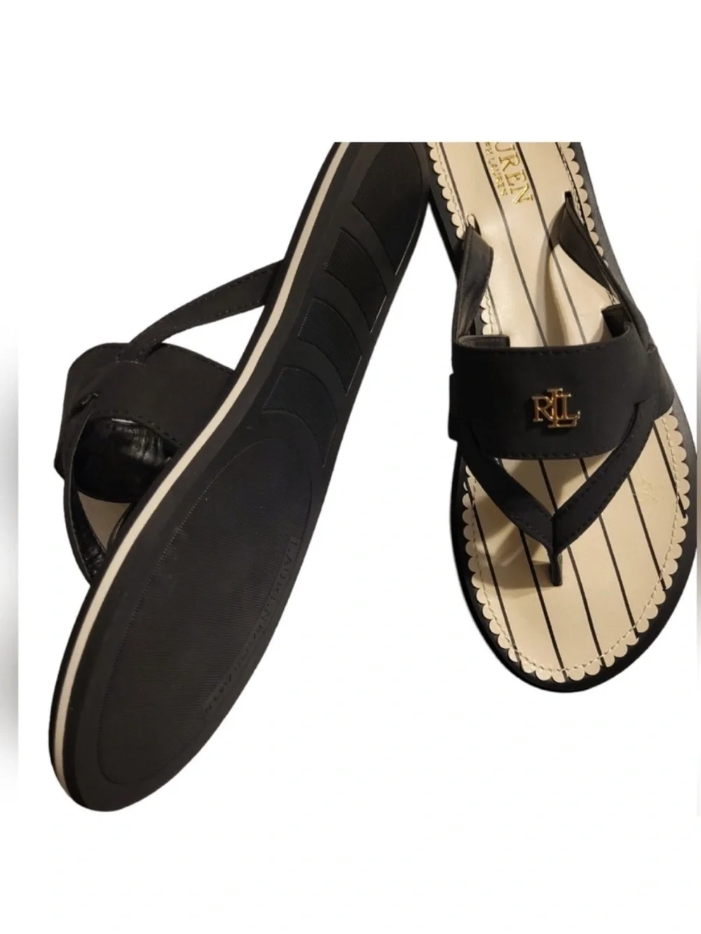 Lauren Ralph Lauren Rosalind Flip Flops Black and Cream Logo Thong Sandals 7